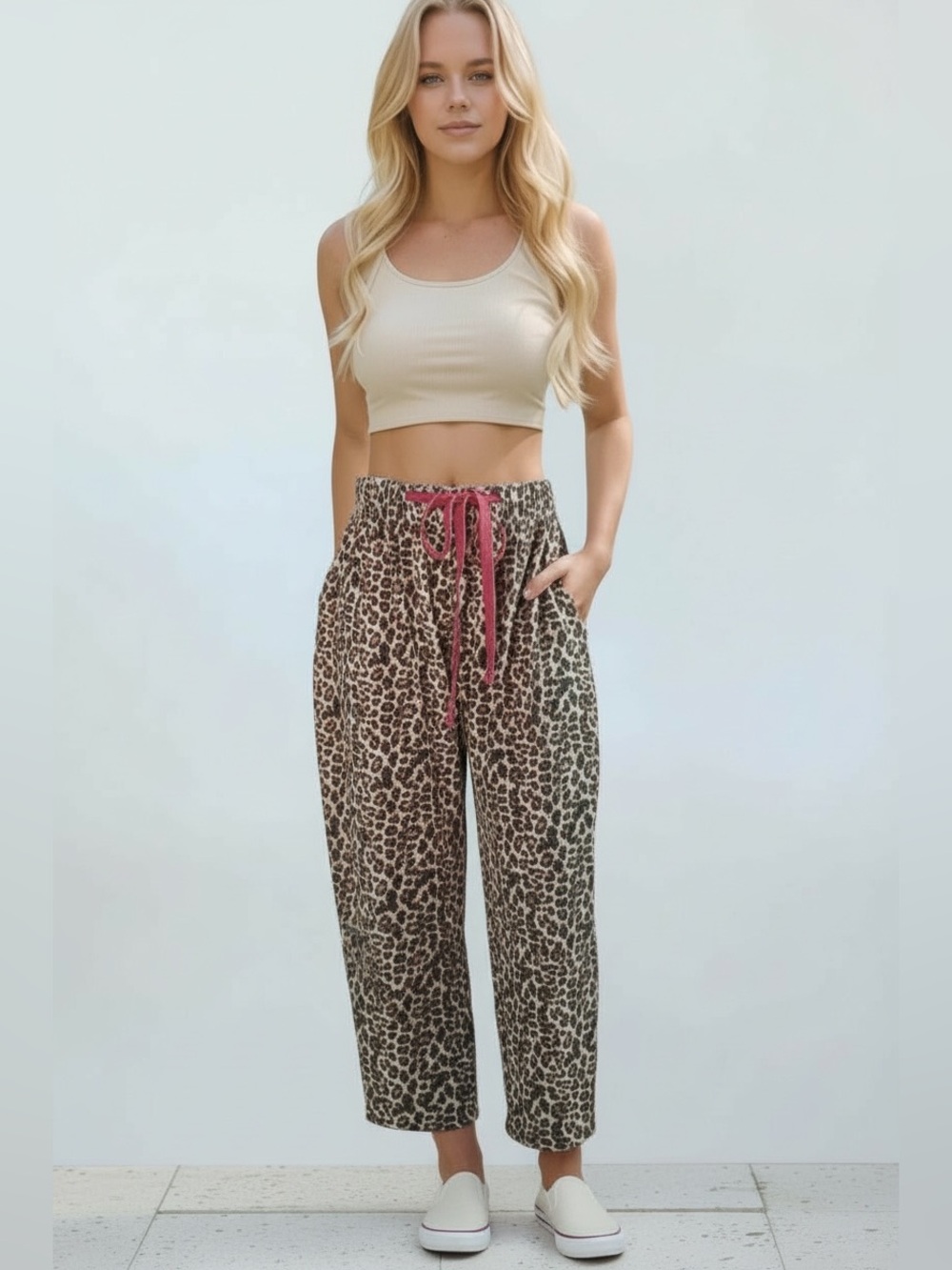 Leopard Print Ankle Pants with Red Tie - Picture 1 of 5